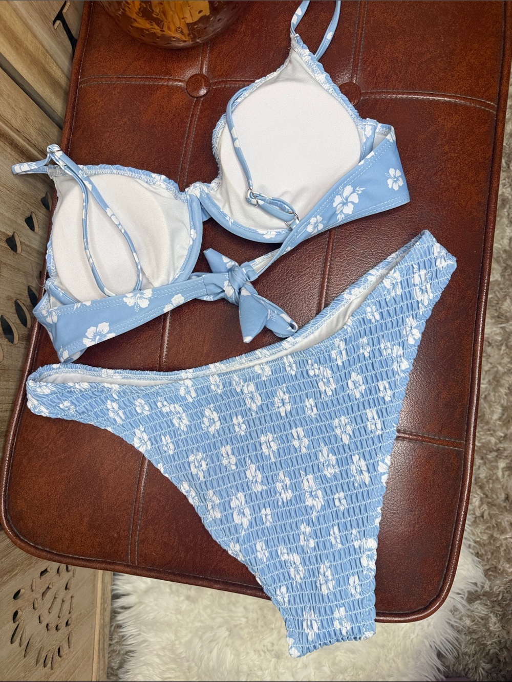 Source Unknown Light Blue and White Floral Smocked Bikini Set - Picture 2 of 4